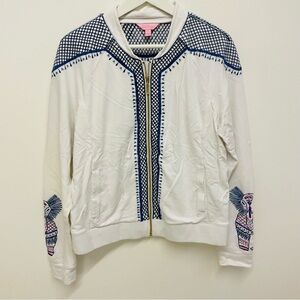 White and Blue Women's Bomber Joleen Zip Up Jacket Elephant Embroidery Size L